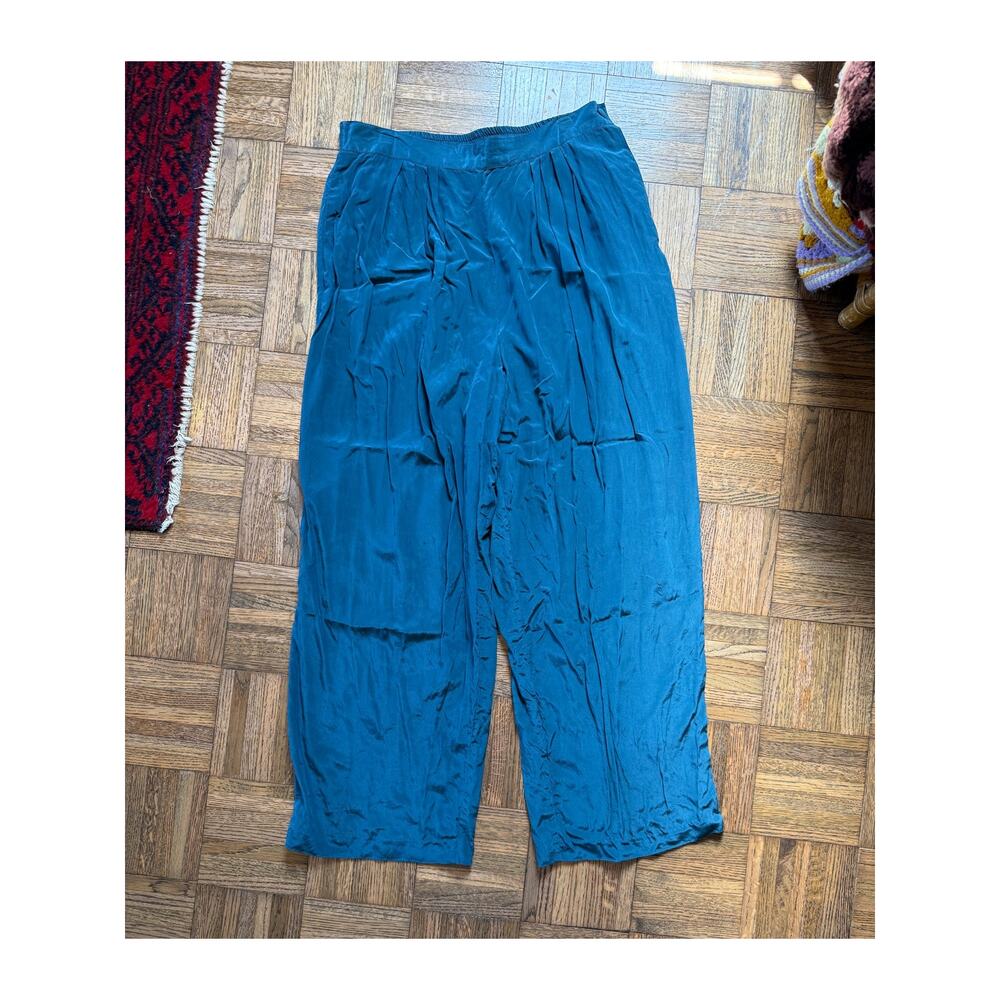 1990s vintage 100% teal silk pants with stretch waist - Picture 2 of 5